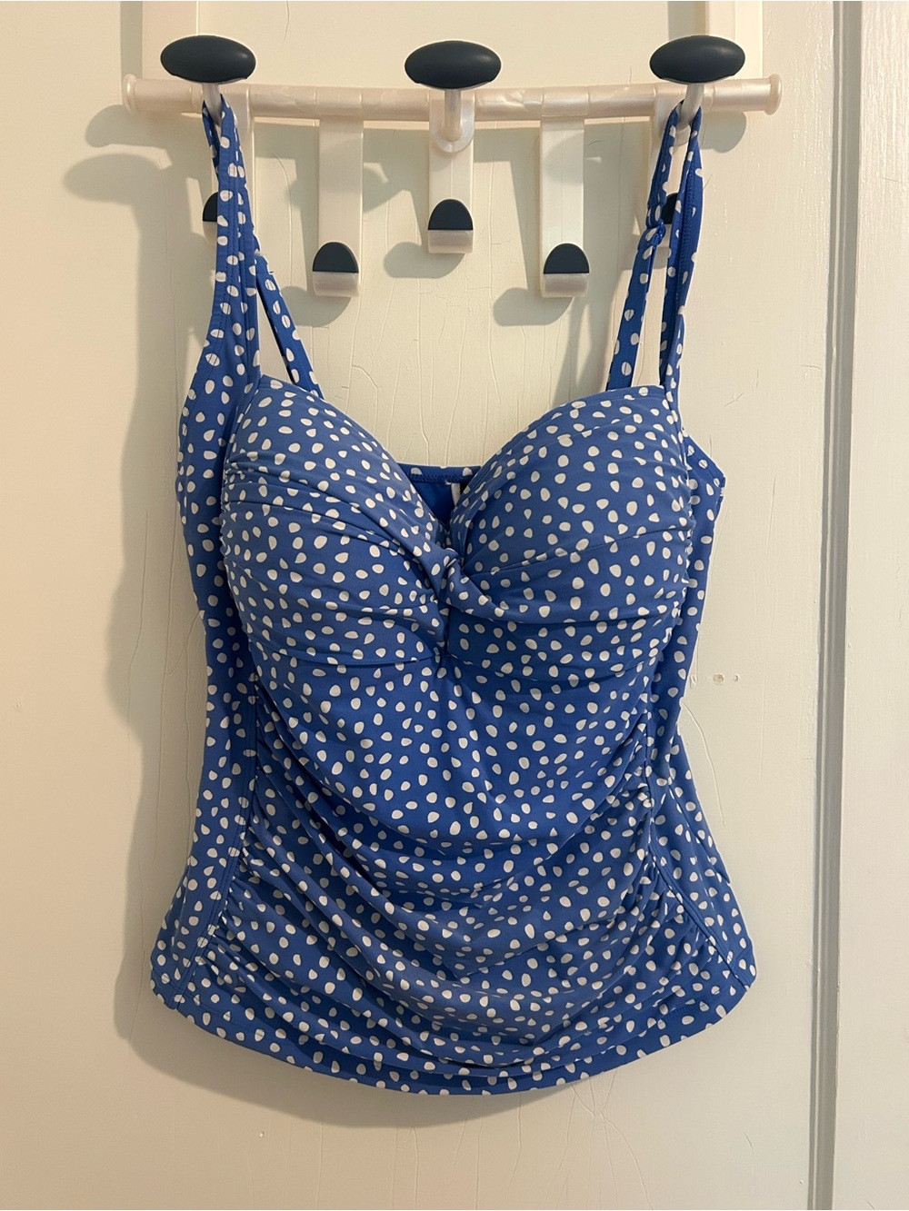 Niptuck women’s size US 12 blue polka dot ruched tankini with adjustable straps